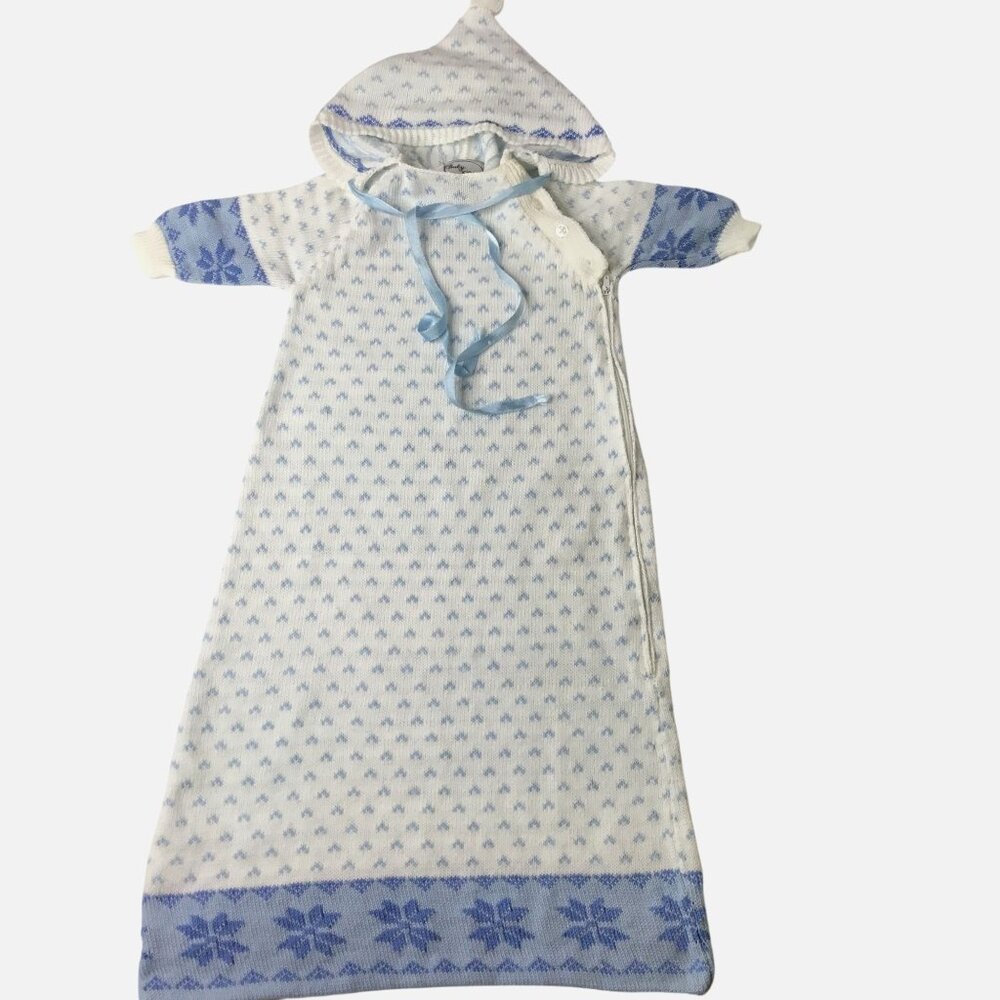VTG BABY CLAIRE Baby Gown 100% Cotton Knit Attached Bonnet White Blue 0-6 M VBC